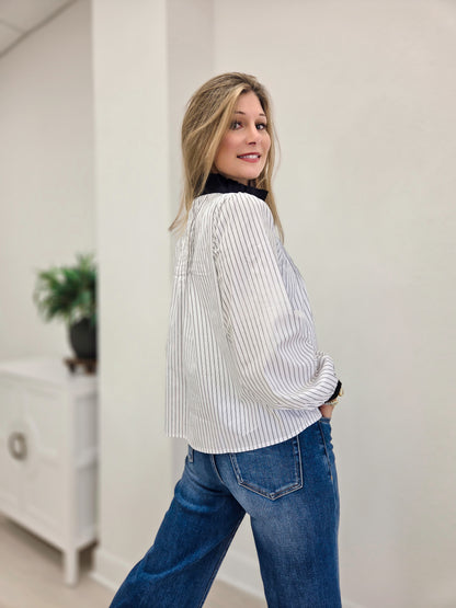 Ruffled Neckline Striped Pintuck Blouse