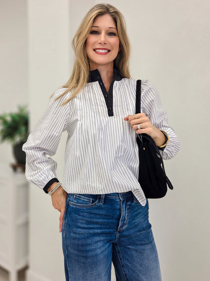 Ruffled Neckline Striped Pintuck Blouse