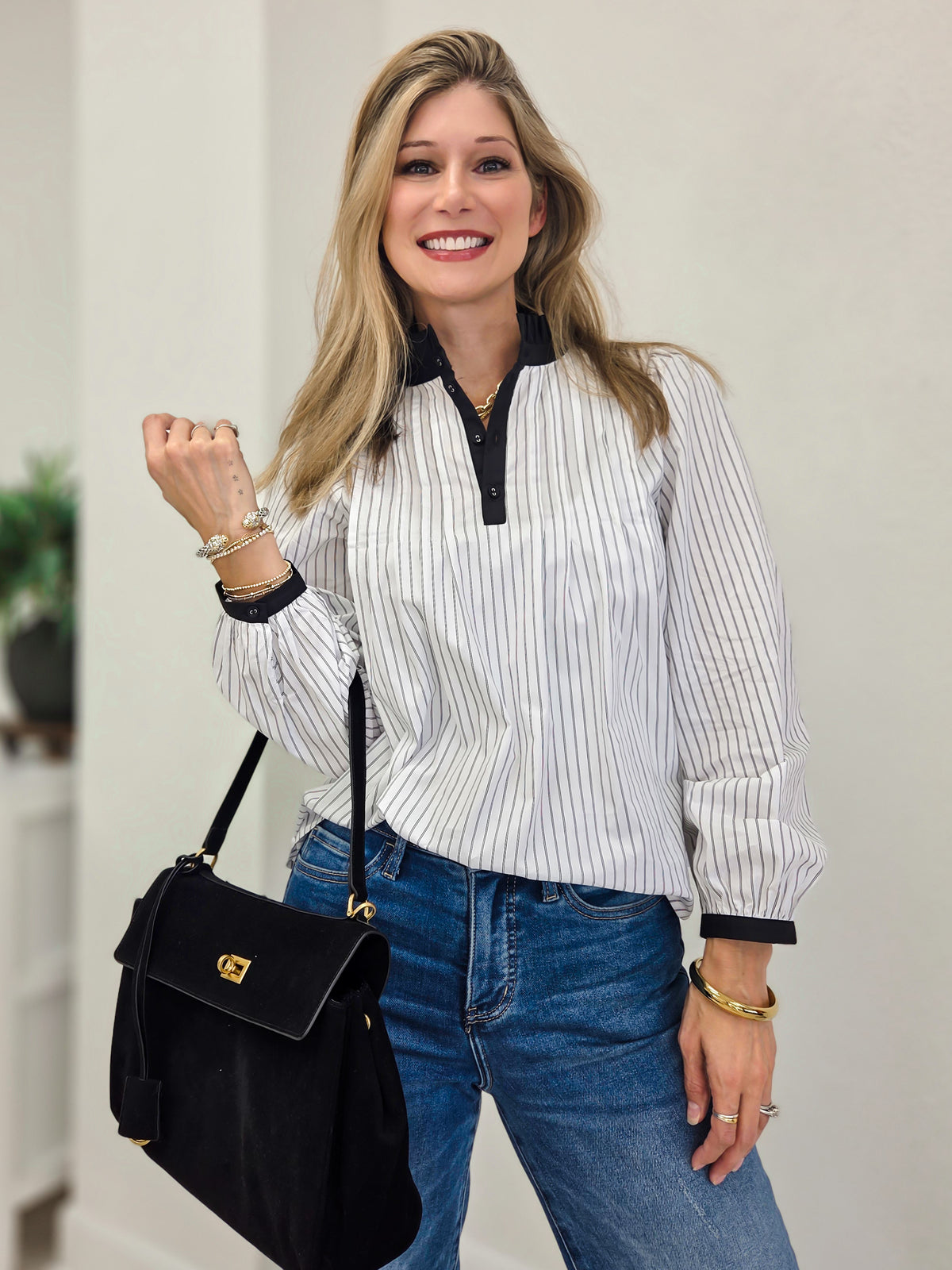 Ruffled Neckline Striped Pintuck Blouse