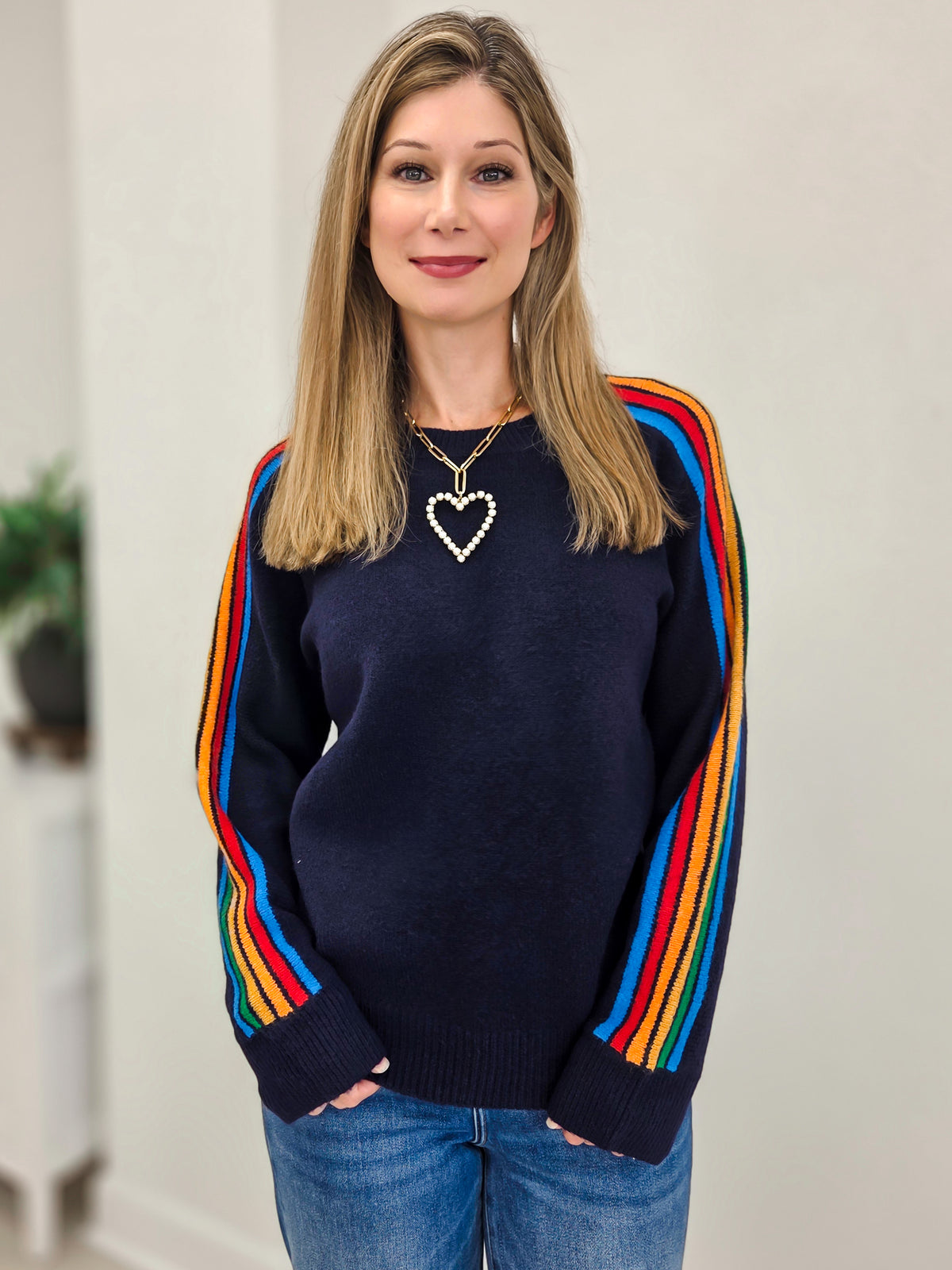Cozy Sweater With Rainbow Stripe Sleeve Detail