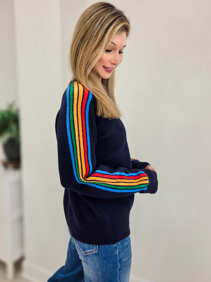 Cozy Sweater With Rainbow Stripe Sleeve Detail