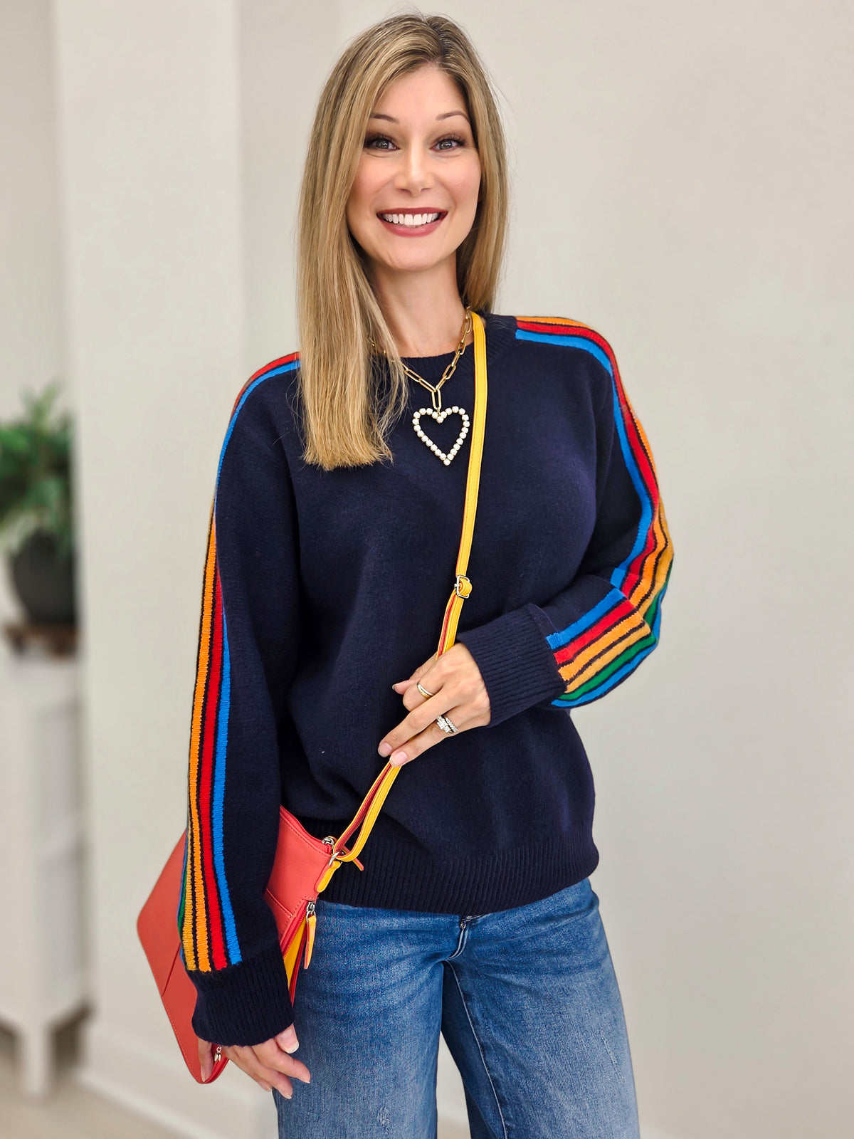 Cozy Sweater With Rainbow Stripe Sleeve Detail