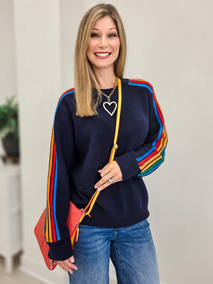 Cozy Sweater With Rainbow Stripe Sleeve Detail