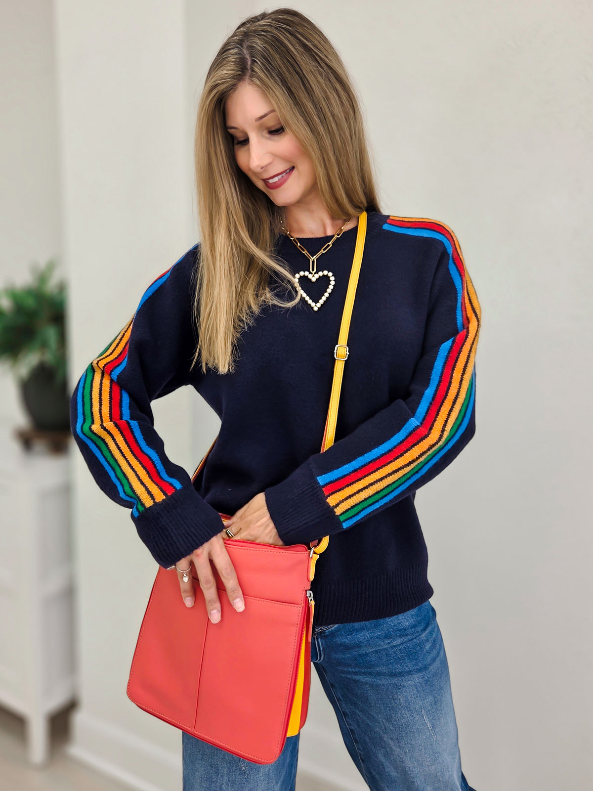 Cozy Sweater With Rainbow Stripe Sleeve Detail