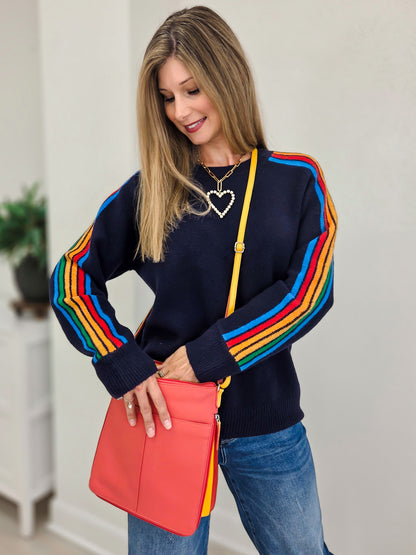 Cozy Sweater With Rainbow Stripe Sleeve Detail