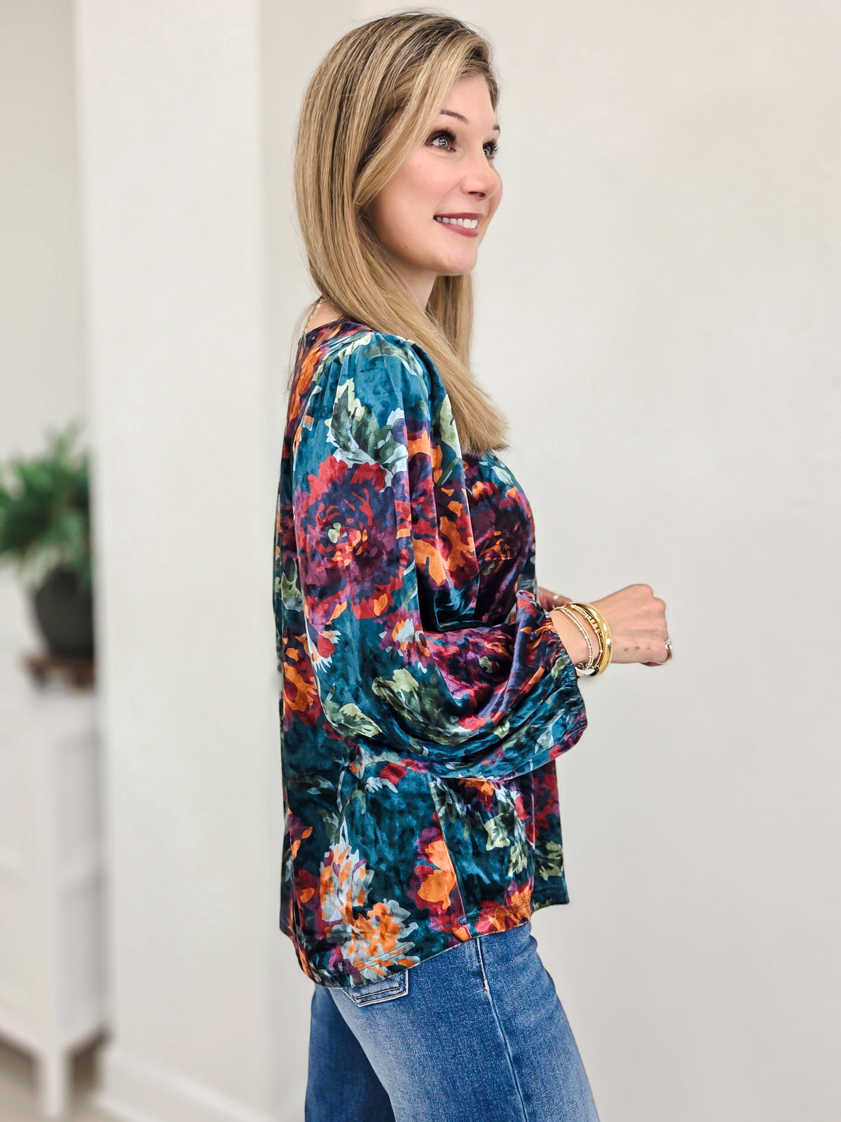 Velvet Front Pleated Floral Top