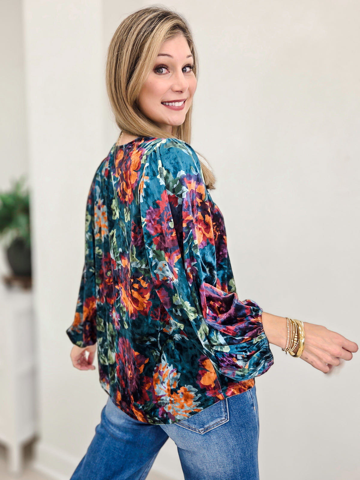 Velvet Front Pleated Floral Top