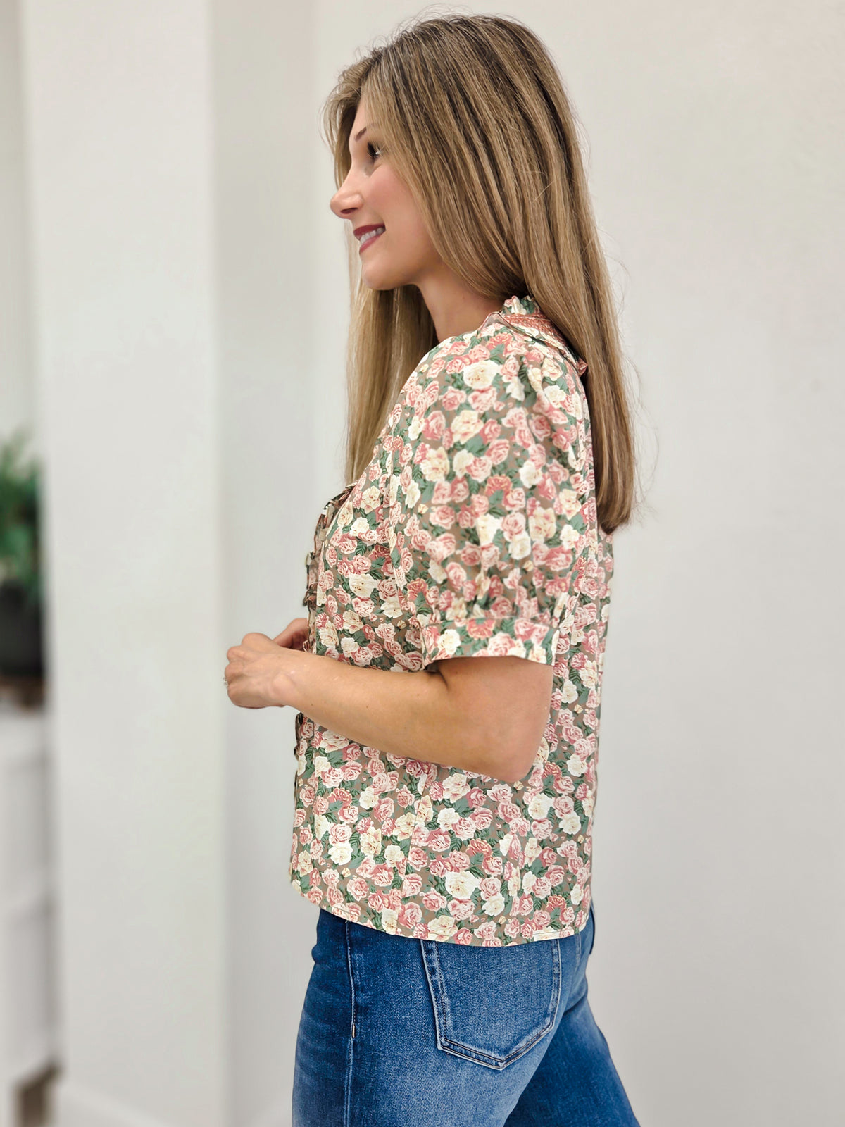 Ruffle Detail Button Down Floral Top