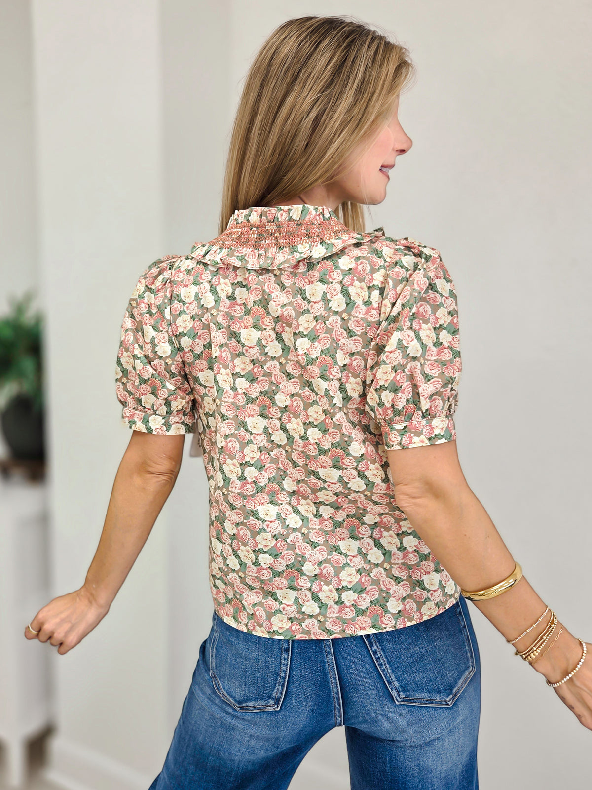 Ruffle Detail Button Down Floral Top