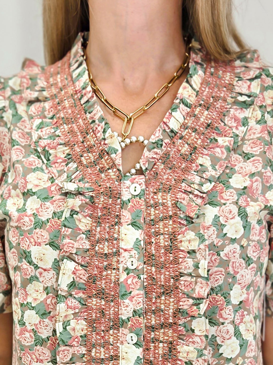 Ruffle Detail Button Down Floral Top