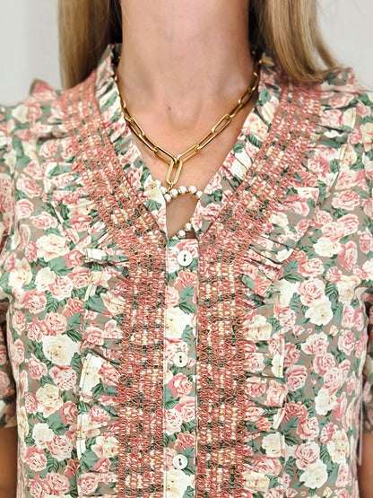 Ruffle Detail Button Down Floral Top