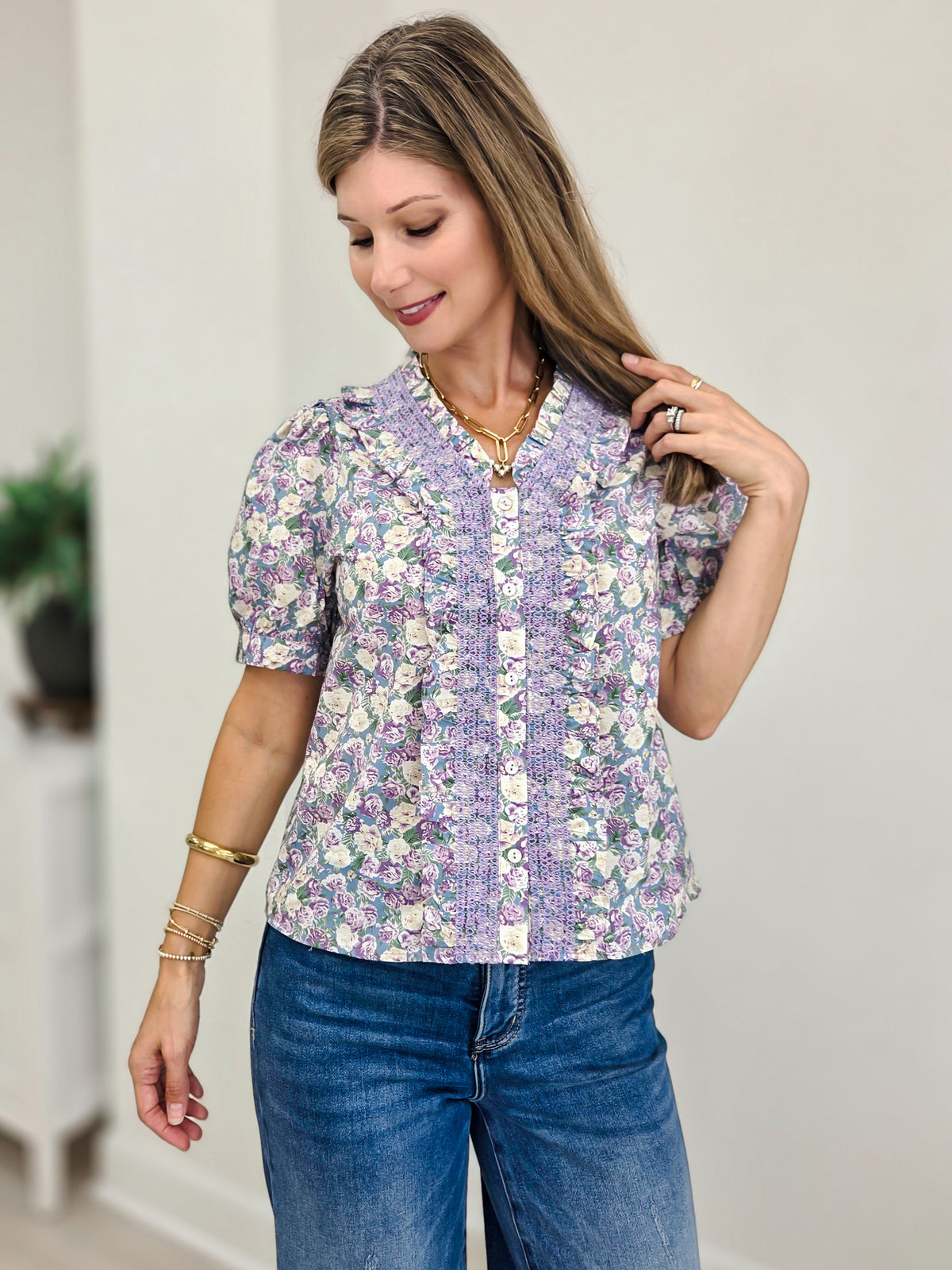 Ruffle Detail Button Down Floral Top