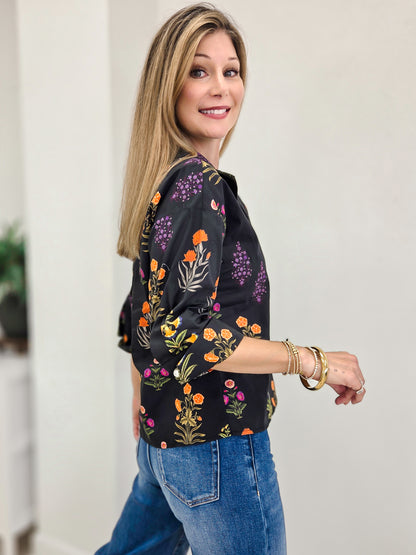 Floral Top with Big Pearl Button Accents