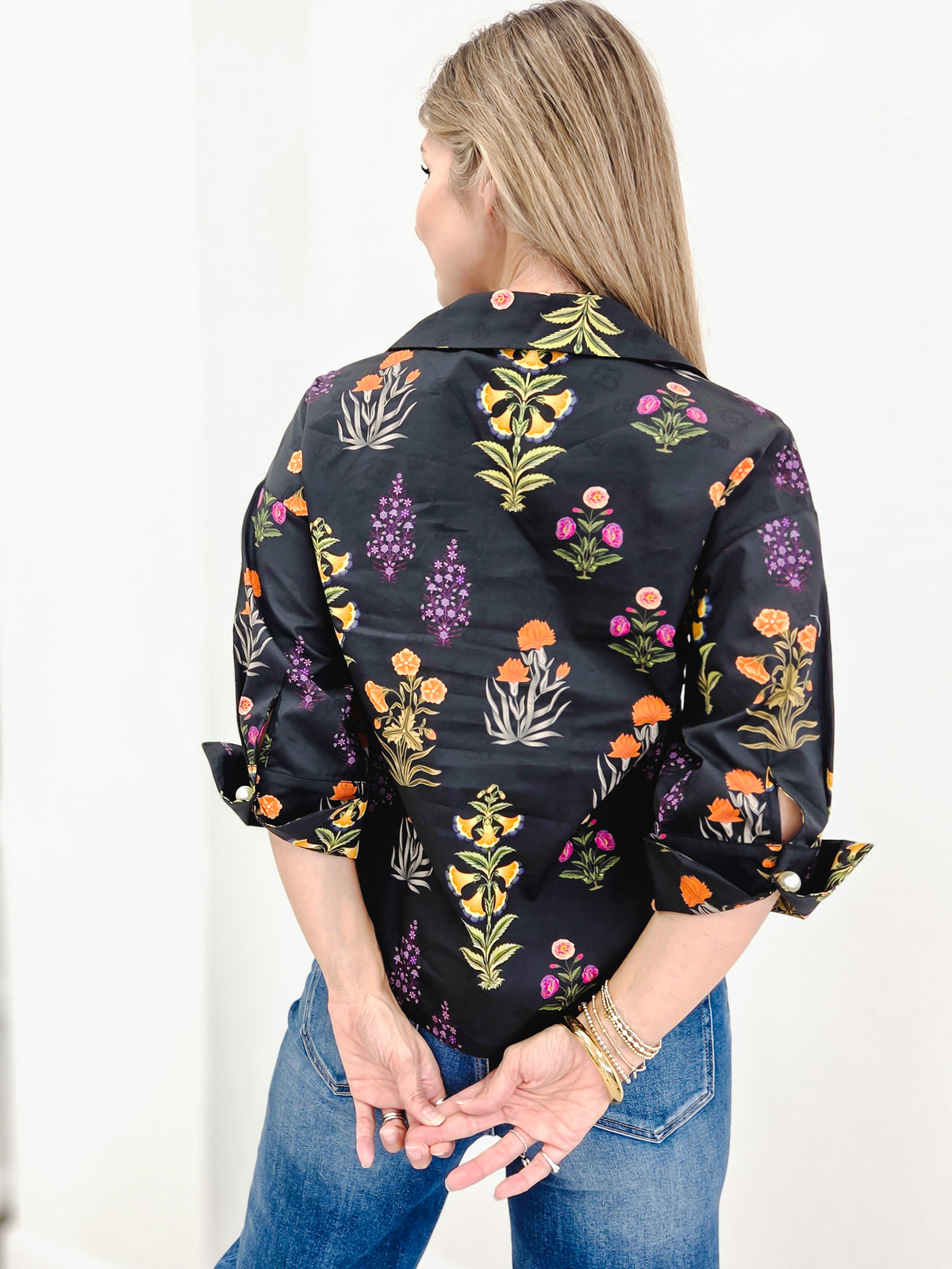 Floral Top with Big Pearl Button Accents