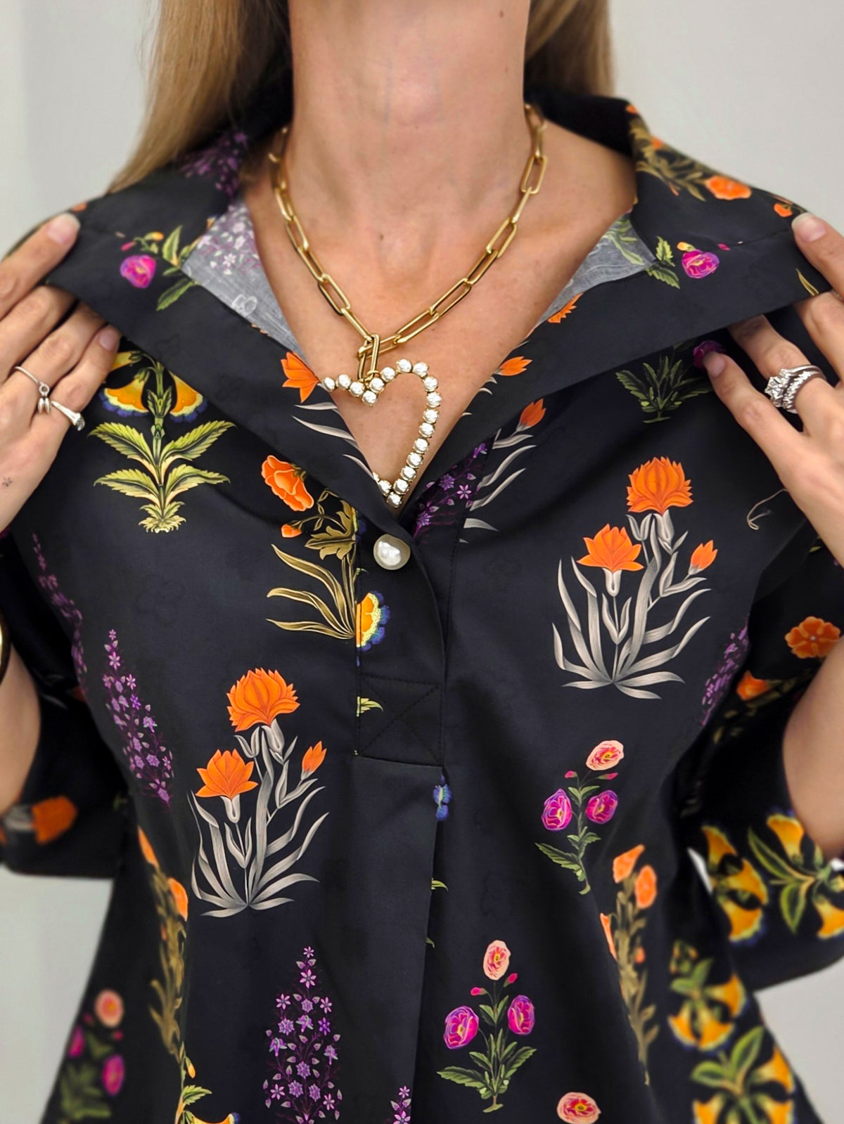 Floral Top with Big Pearl Button Accents