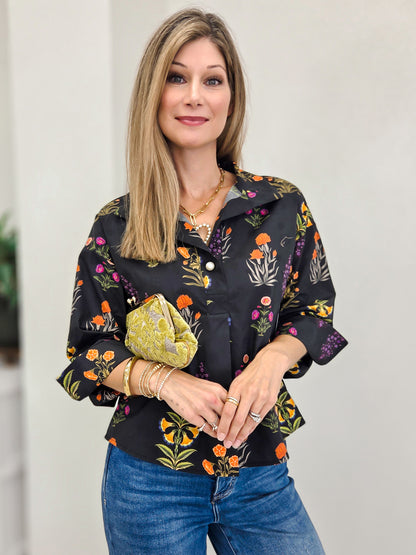 Floral Top with Big Pearl Button Accents