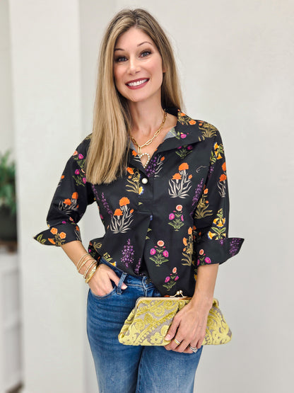 Floral Top with Big Pearl Button Accents