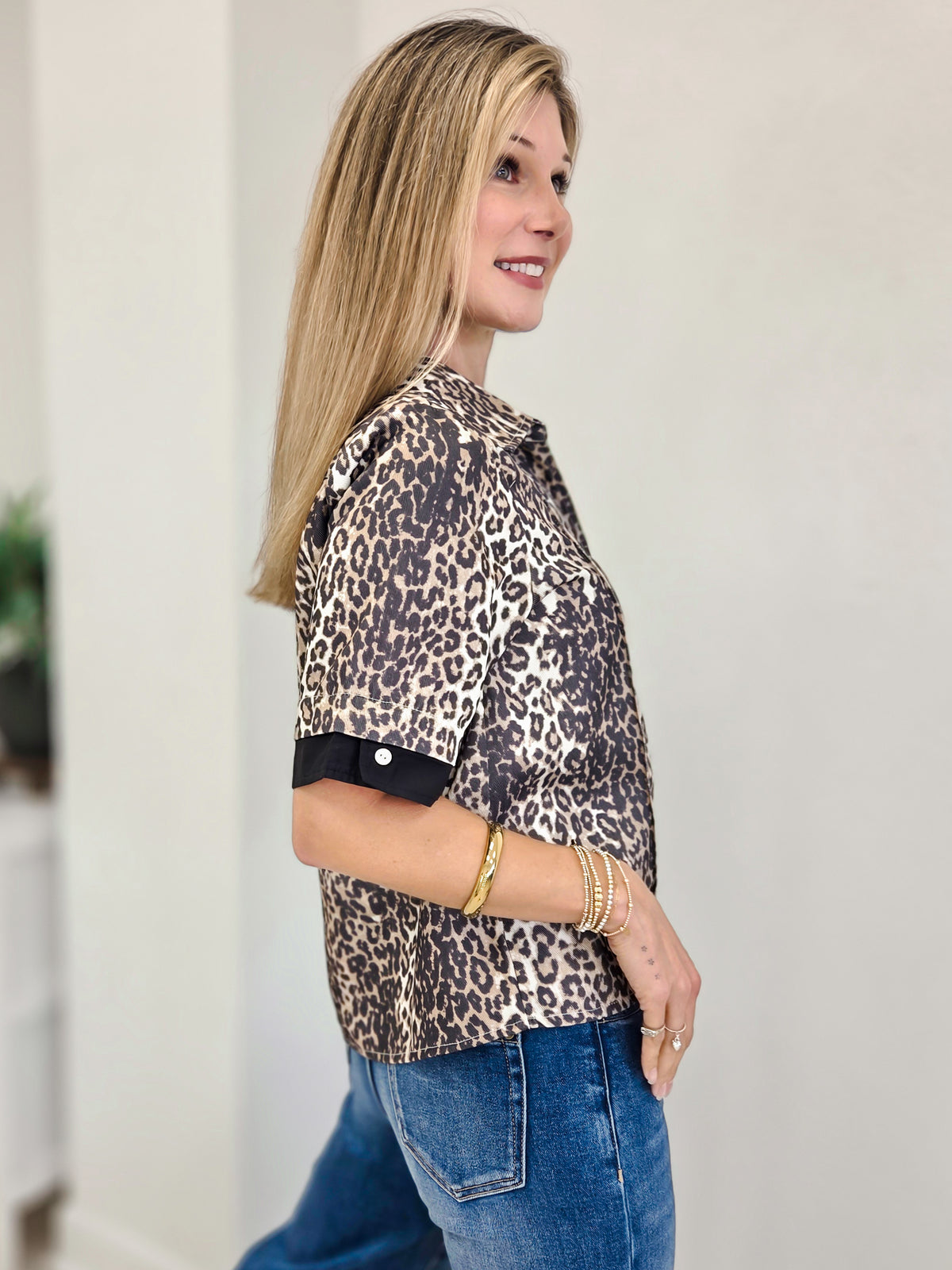 Short Sleeves Button Down Leopard Top