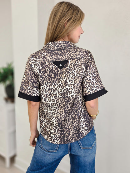 Short Sleeves Button Down Leopard Top