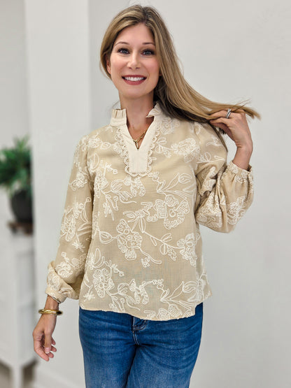 Ruffled Neck Floral Embroidered Top