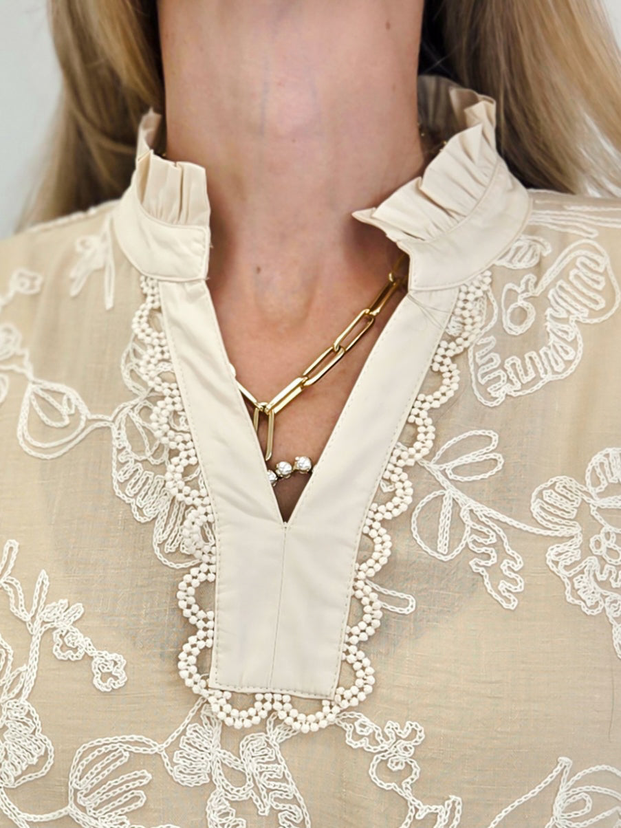 Ruffled Neck Floral Embroidered Top