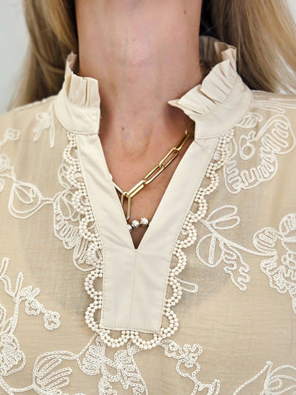 Ruffled Neck Floral Embroidered Top
