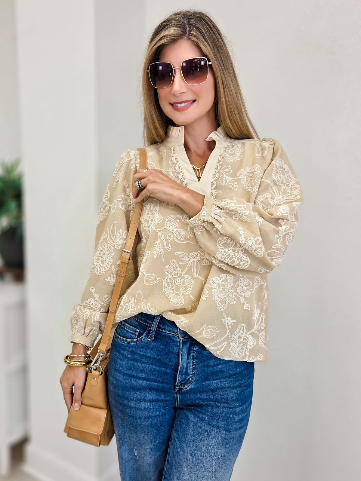 Ruffled Neck Floral Embroidered Top
