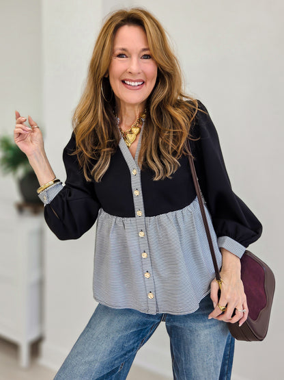 Long Puffed Sleeve Button Down Top With Mixed Fabric Detail