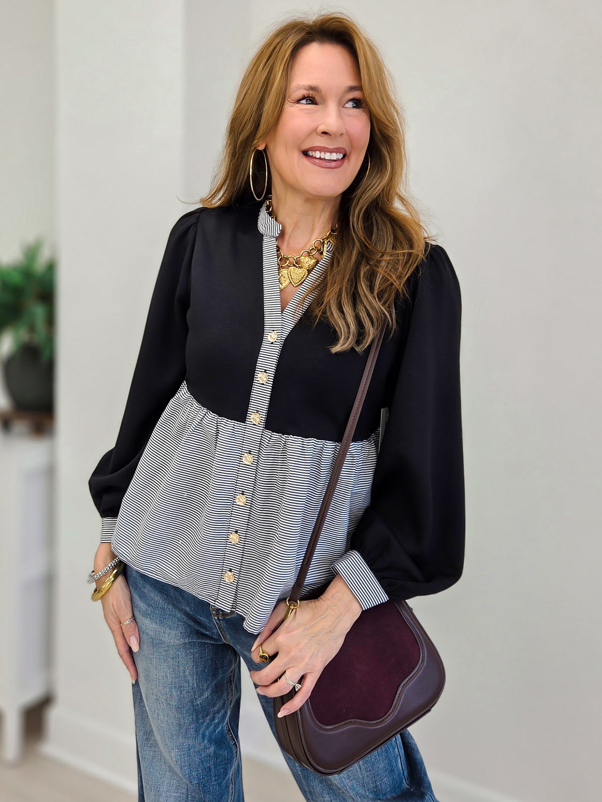 Long Puffed Sleeve Button Down Top With Mixed Fabric Detail
