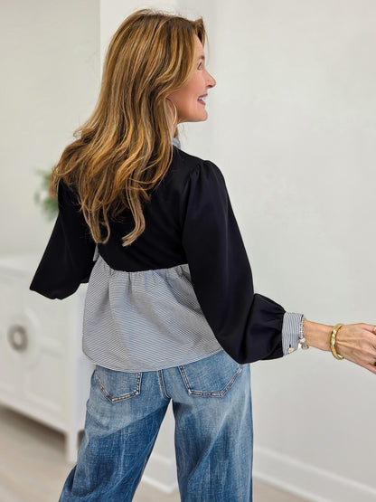 Long Puffed Sleeve Button Down Top With Mixed Fabric Detail