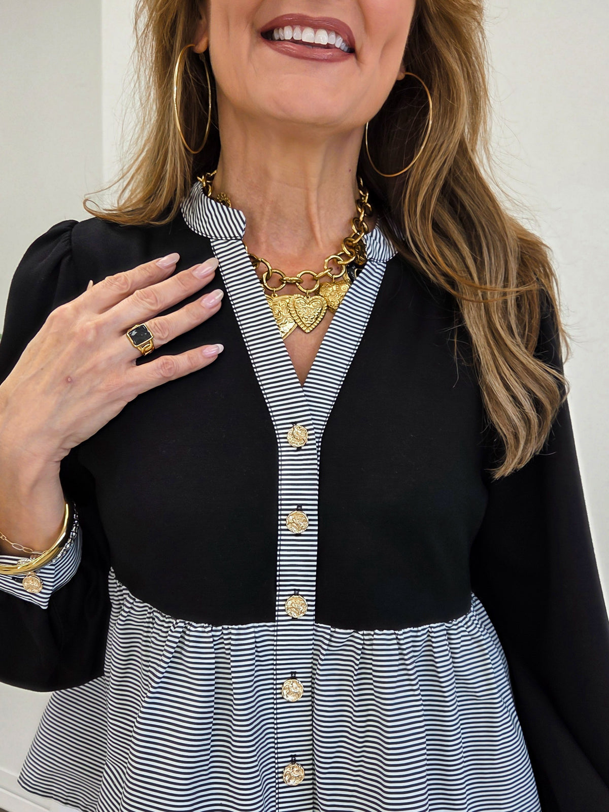 Long Puffed Sleeve Button Down Top With Mixed Fabric Detail