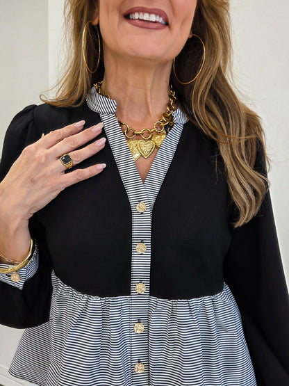 Long Puffed Sleeve Button Down Top With Mixed Fabric Detail