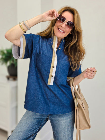 Short Sleeve Denim Top With Button Up Contrast Hem Detail