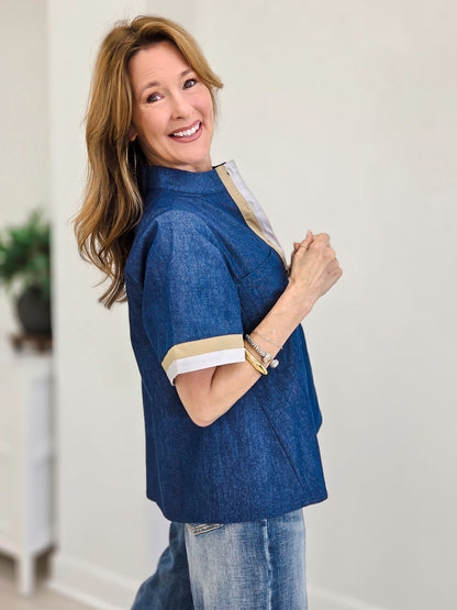 Short Sleeve Denim Top With Button Up Contrast Hem Detail