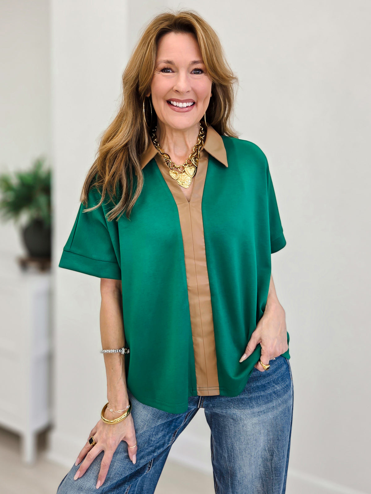 Faux Leather Accent Drop Shoulder Solid Top