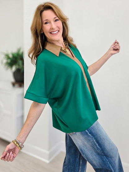 Faux Leather Accent Drop Shoulder Solid Top