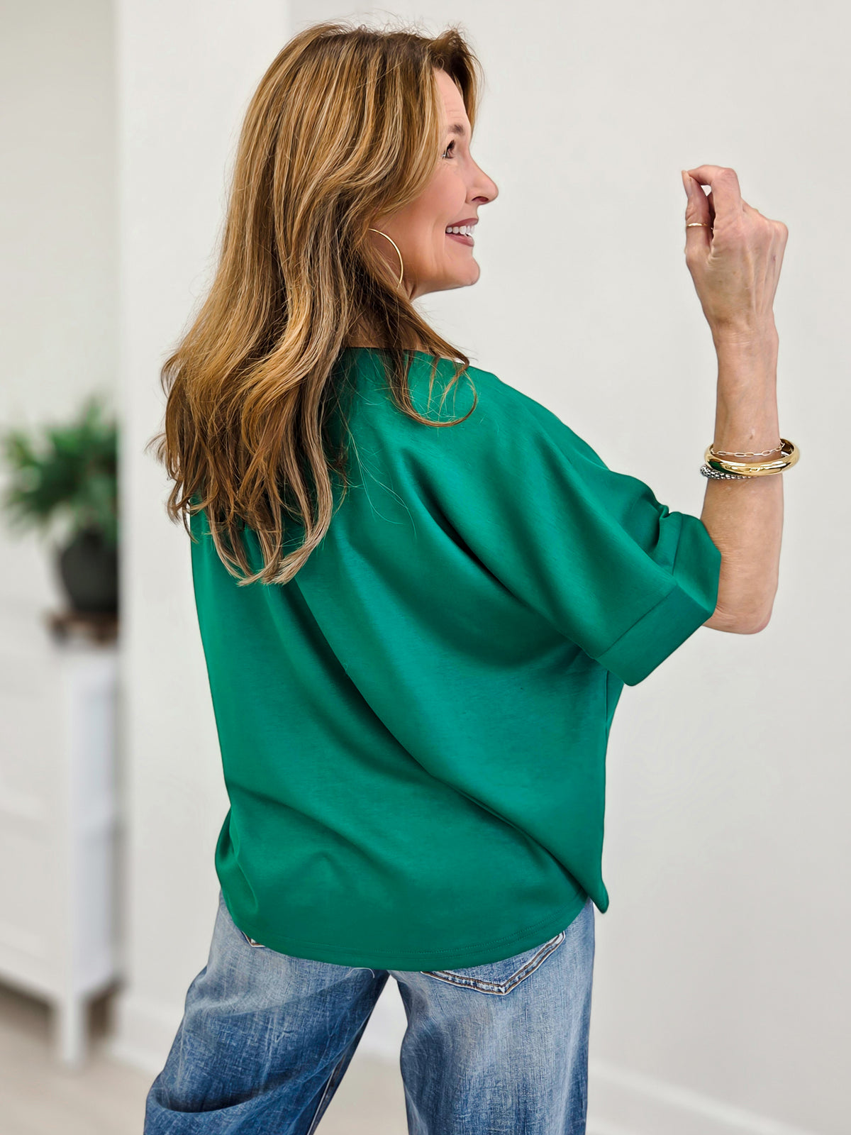 Faux Leather Accent Drop Shoulder Solid Top
