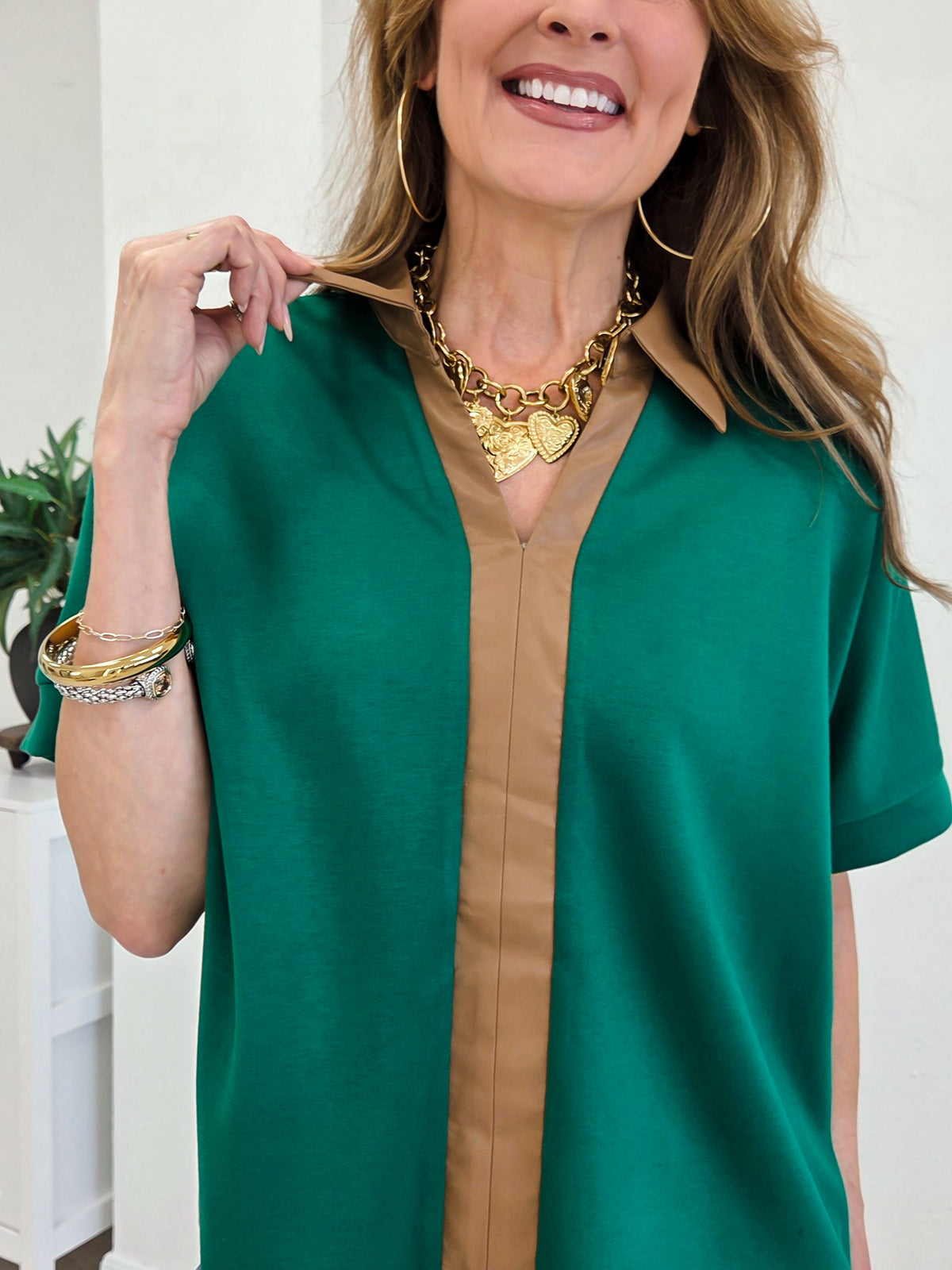 Faux Leather Accent Drop Shoulder Solid Top