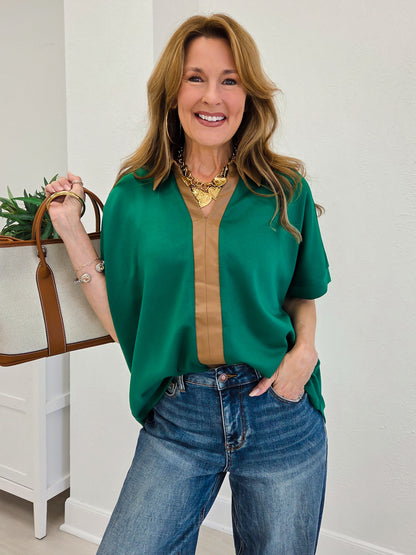 Faux Leather Accent Drop Shoulder Solid Top