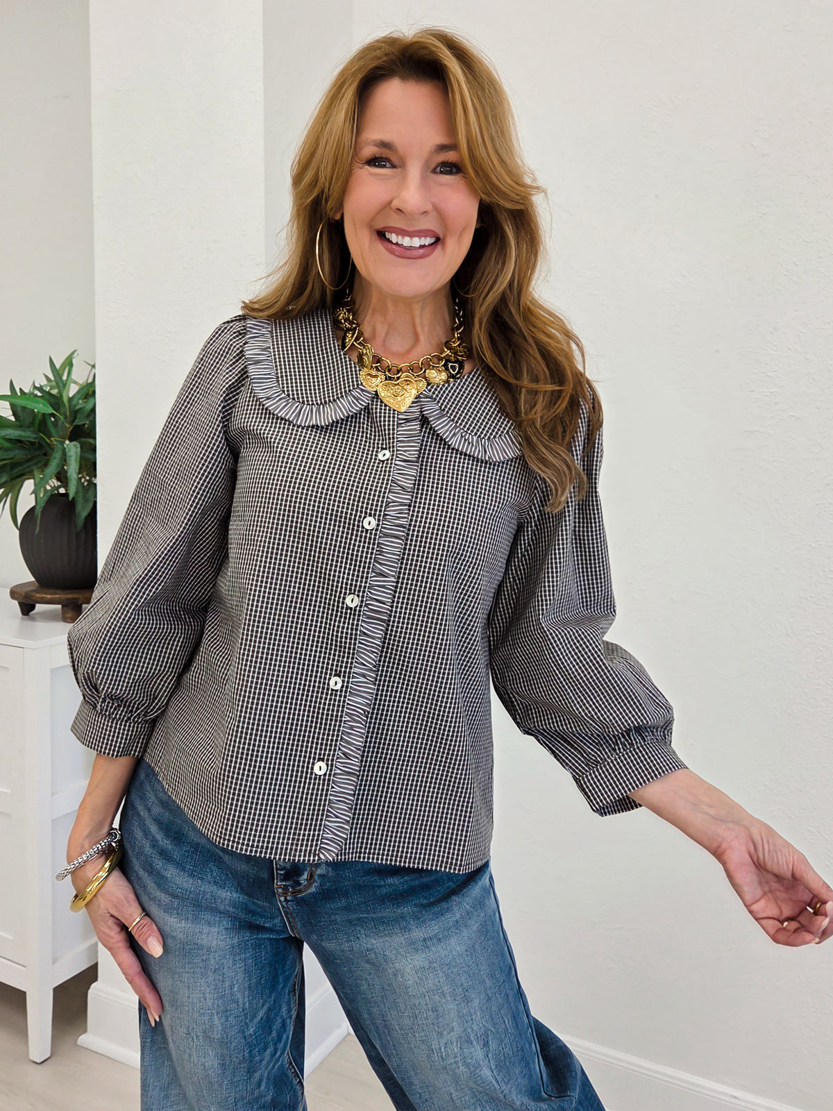 Ruffle Detail Tiny Check Button Down Top