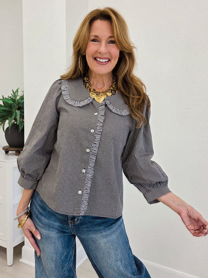 Ruffle Detail Tiny Check Button Down Top