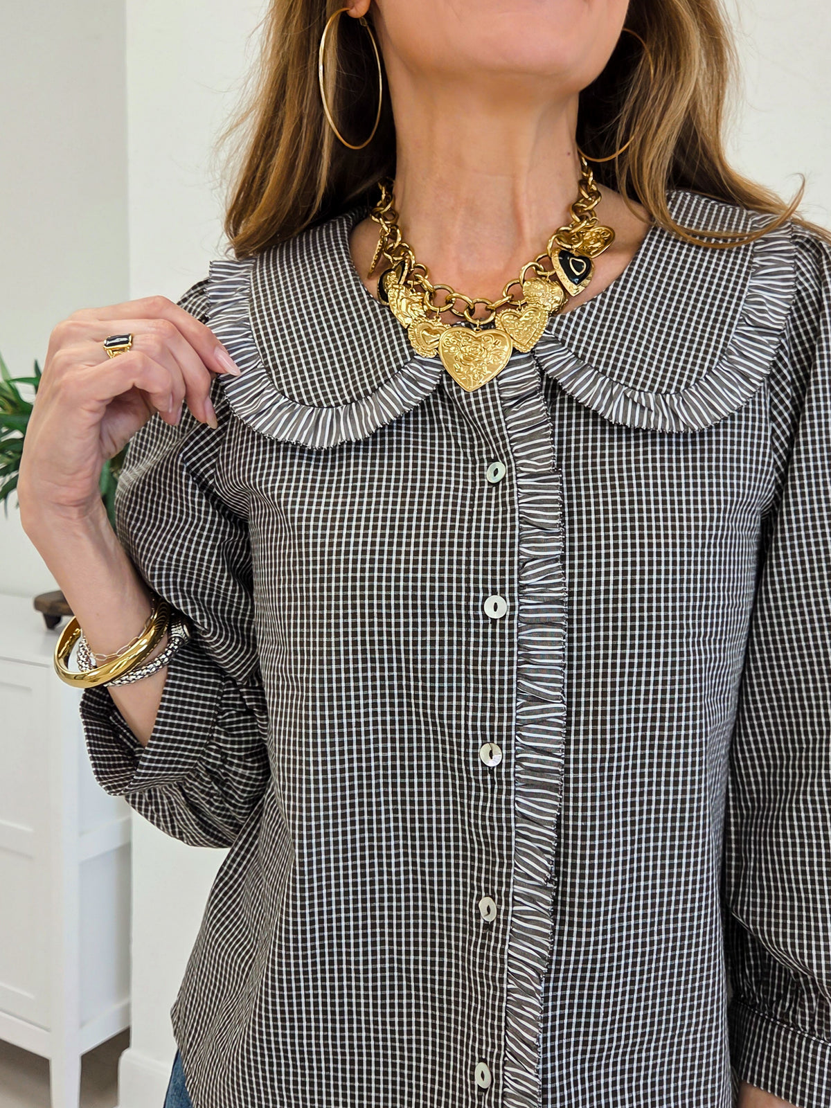 Ruffle Detail Tiny Check Button Down Top