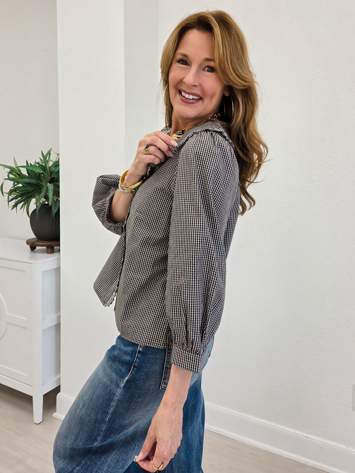 Ruffle Detail Tiny Check Button Down Top
