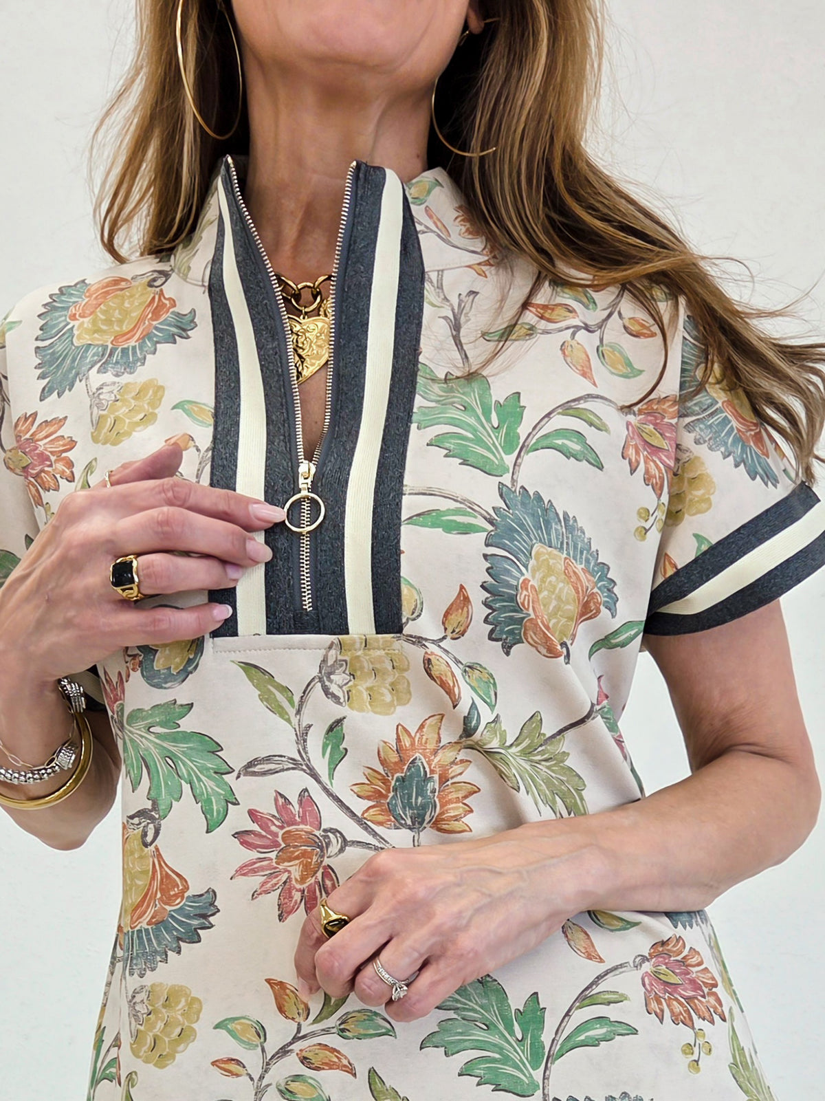 Color Rib Band Zip Up Floral Top with Matching Bottoms