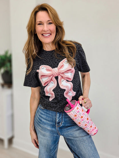 Pink Yarn Bow On Black Leopard Graphic Top