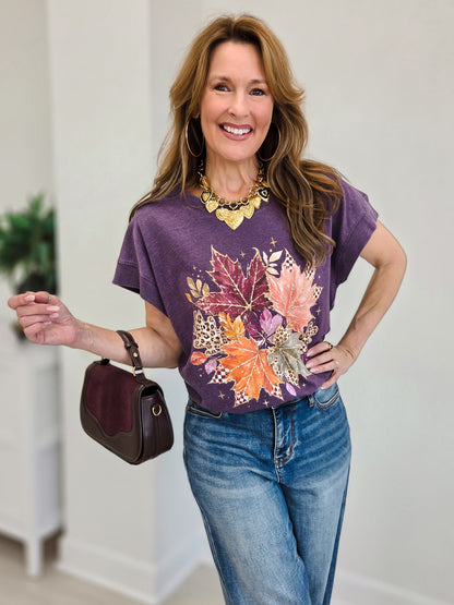 Fall Leaves On Washed Plum Graphic Tee