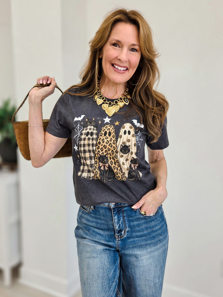 3 Trendy Ghosts On Dark Grey Graphic Tee