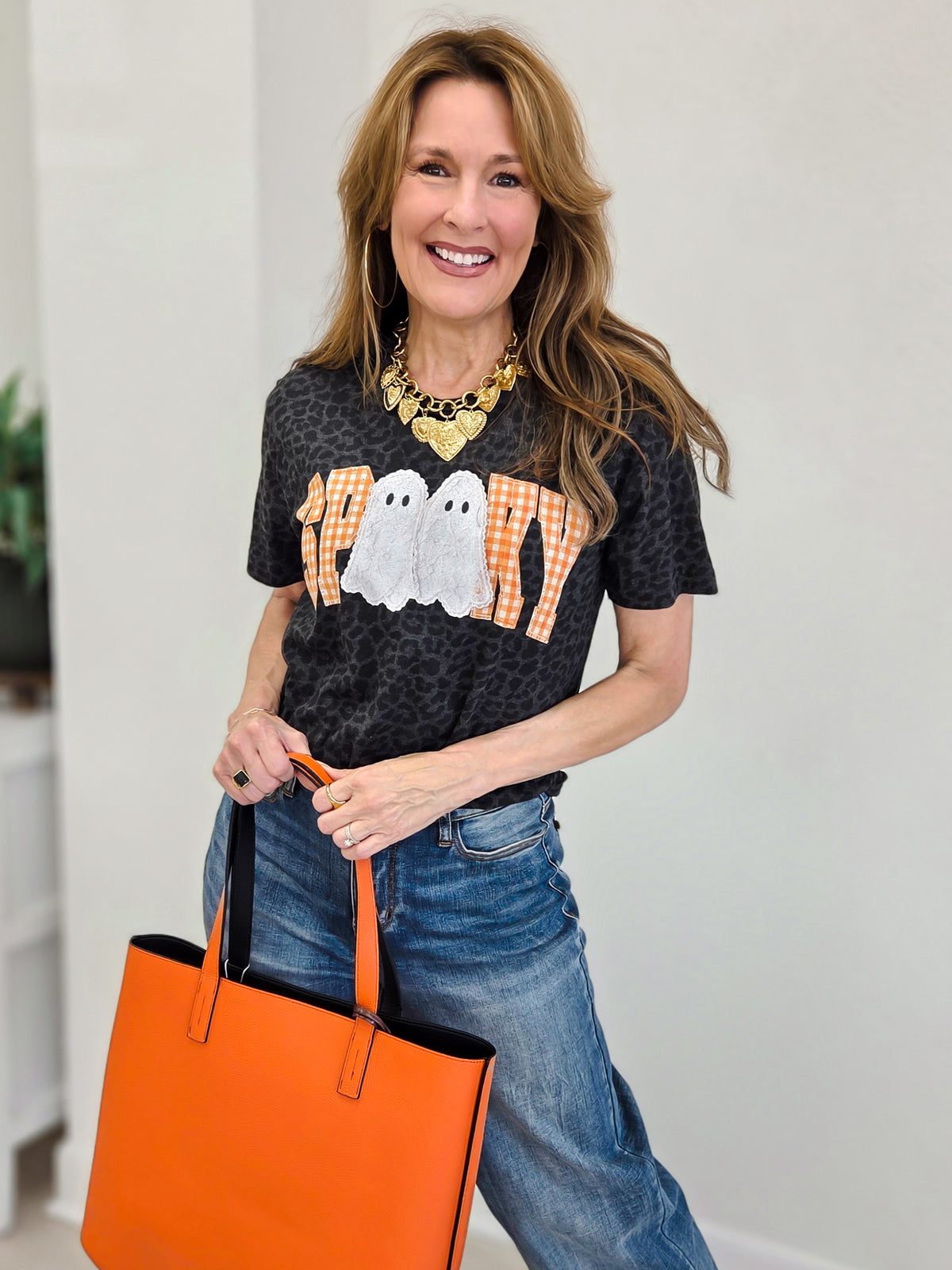 Orange Gingham Spooky On Black Leopard Graphic Top