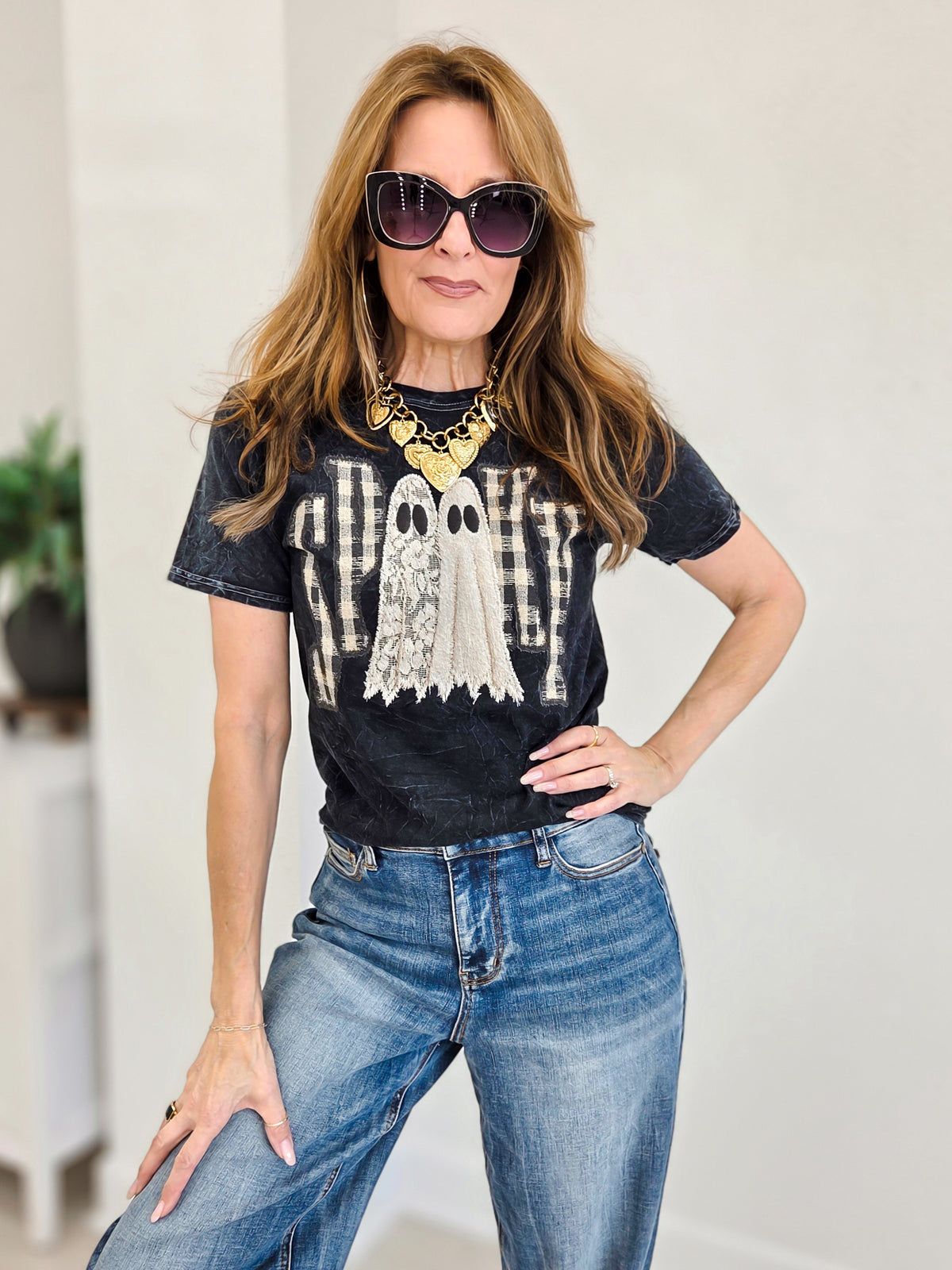 Black Gingham Spooky Ghosts Graphic Tee