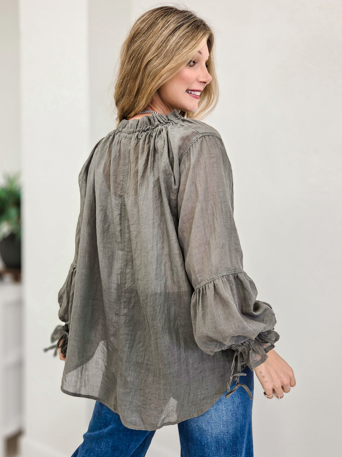 Woven Light Weight Long Sleeve Top With Draw String Neck and Wrist Detail